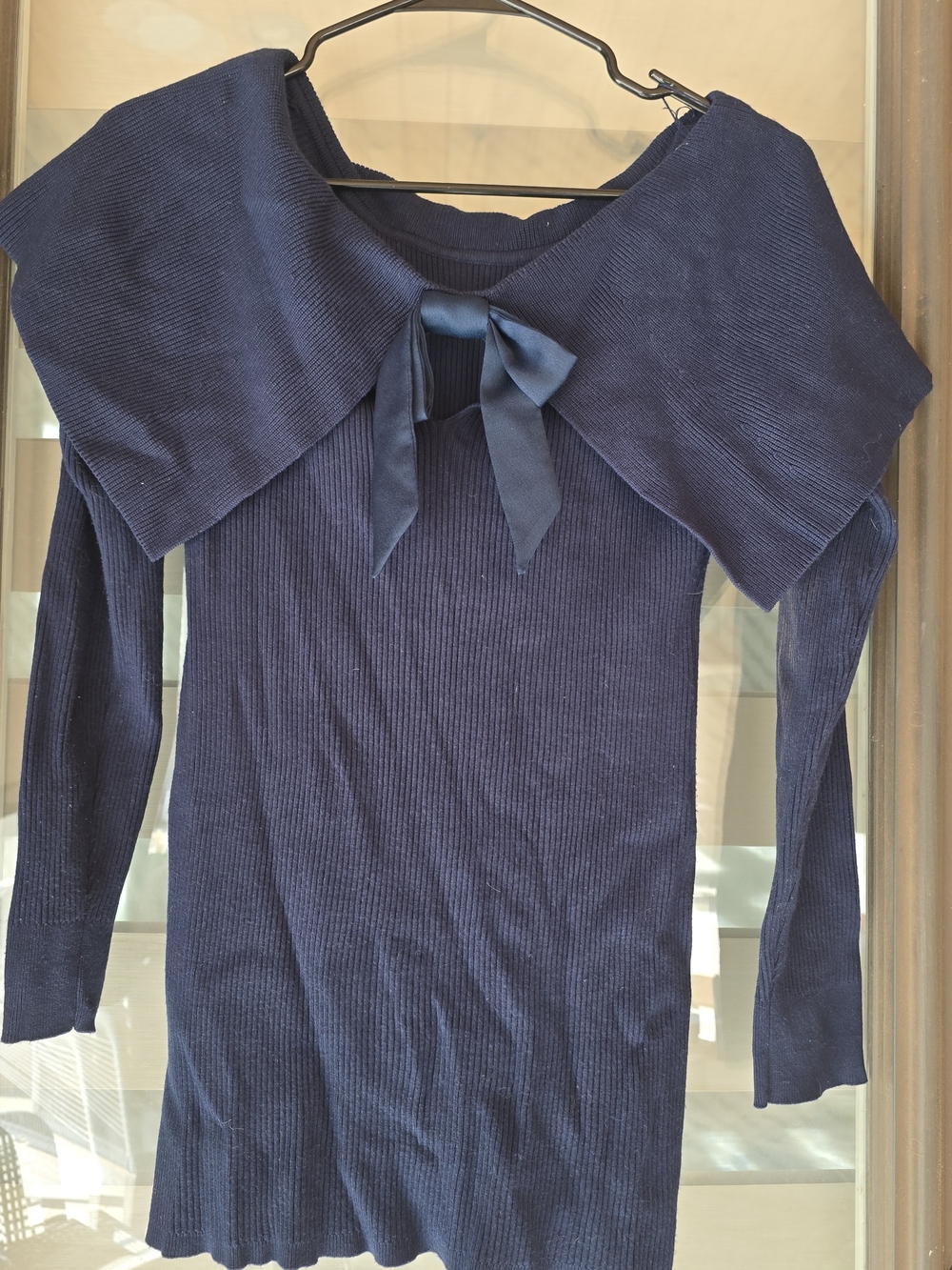 White House Black Market Navy Ribbed Off-Shoulder Sweater with Satin Bow